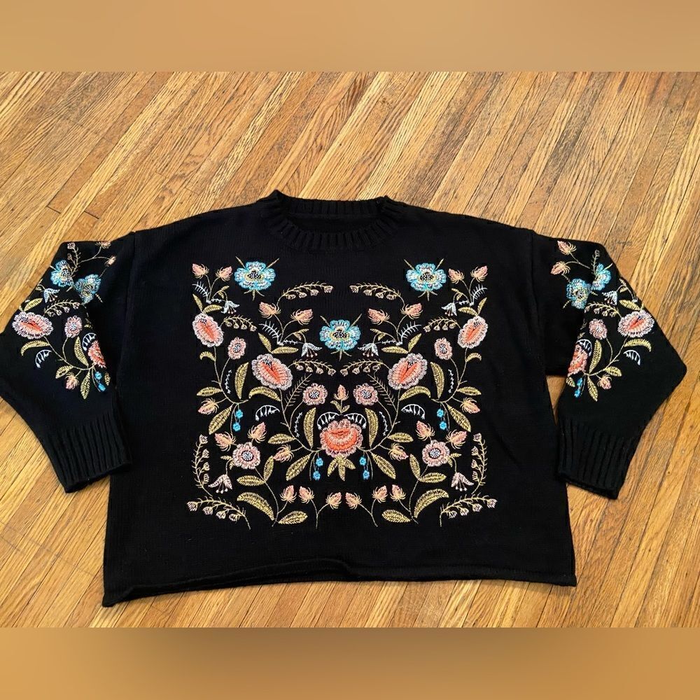 Black embroidered floral sweater